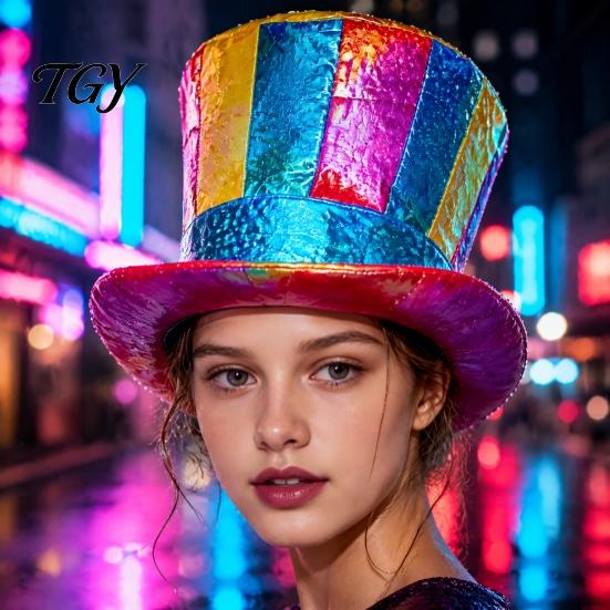 Circus Clown Stage Prop Magician Top Hat, Colorful Glossy Wide Brim Retro Striped Hat for Halloween Costume, Mardi Gras, Cosplay Party Accessories