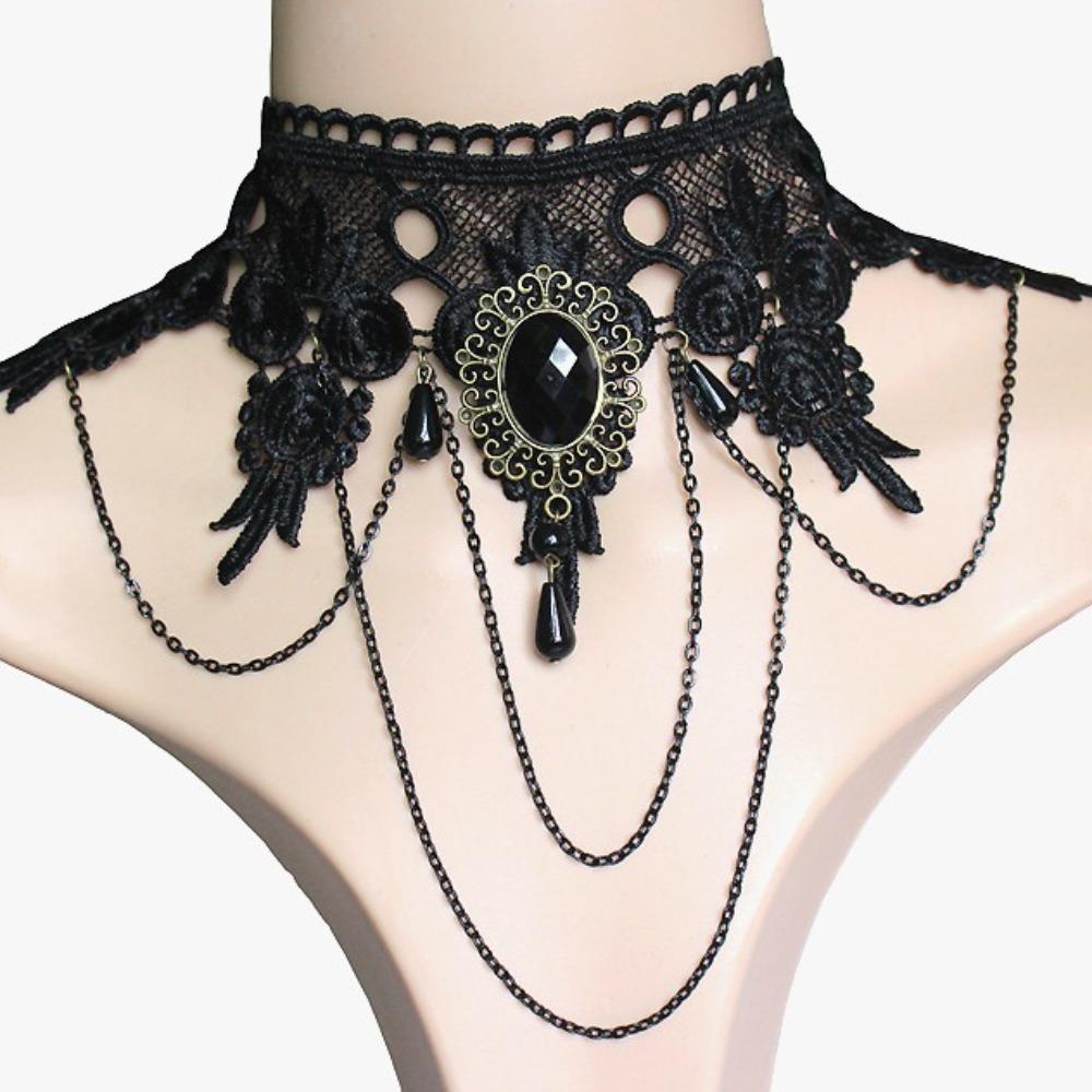 4pcs/set Gothic Punk Dark Style Black Color Teardrop Pendant Lace Bracelet Ring Set Women's Personalized Holiday Jewelry Gift