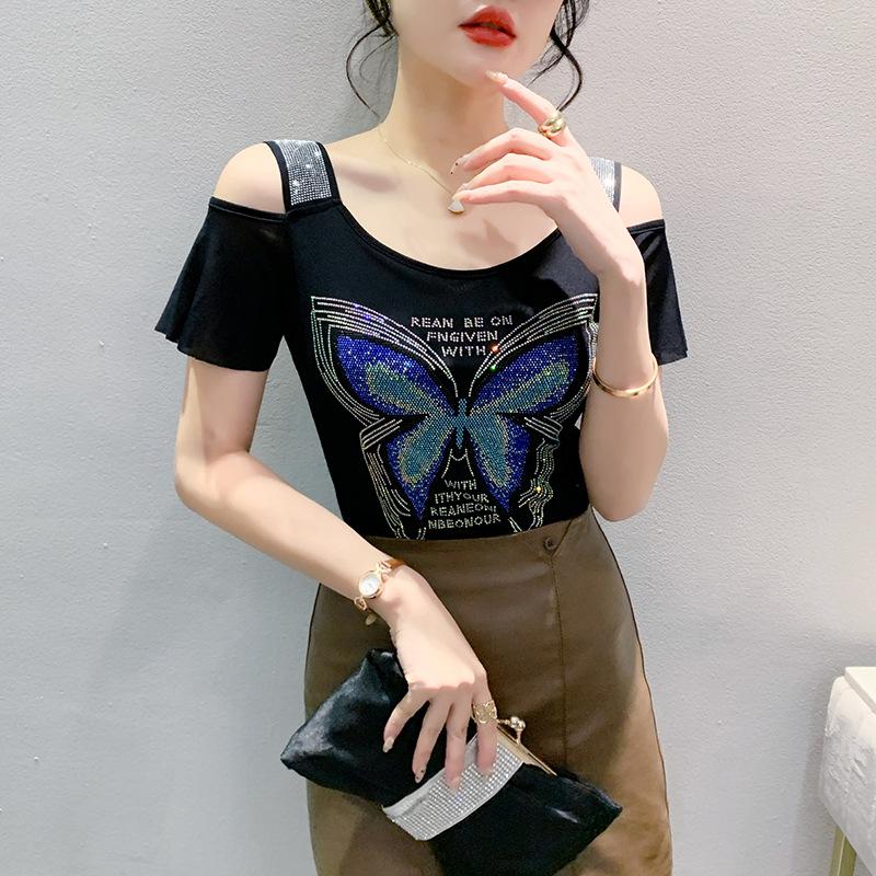 Sommer neues doppellagiges Mesh Kurzarm Mode schulterfrei Rücken T-Shirt