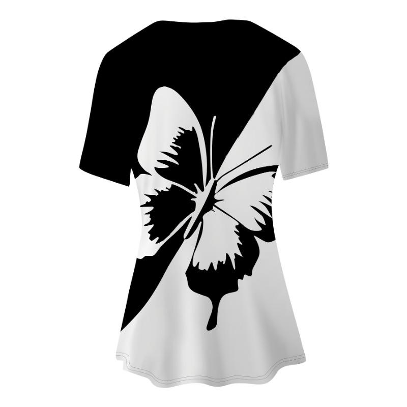 Women's Black and White Butterfly Print Fashion Short Sleeve Cropped Pants Suit