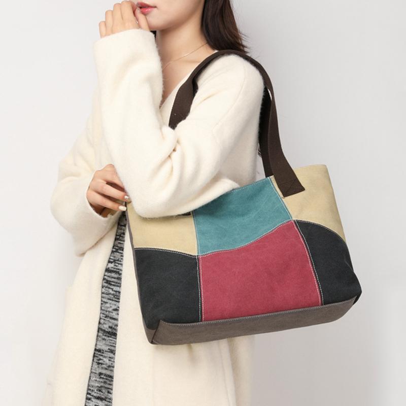 Yogodlns New Spliced Canvas Women's Shoulder Bag Large-capacity Portable Messenger Bag Casual Ethnic Style Contrasting Color Bag