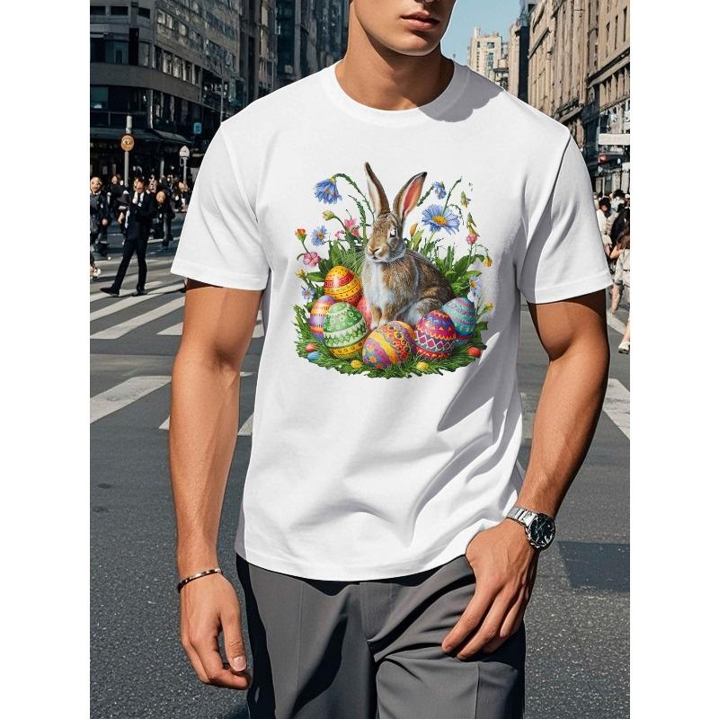European Size Men'S Easter Bunny & Eggs Graphic Tee, Casual Crew Neck Polyester T-Shirt, Regular Fit Knit Fabric Top, Slight Stretch Summer Shirt