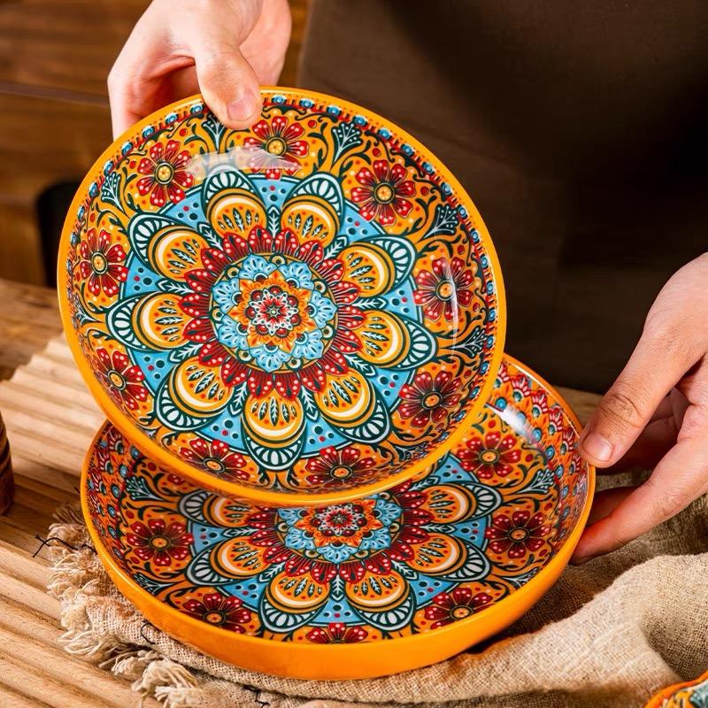 7in or 8in Bohemian Ceramic Plate High Appearance Level Home Creative Dish Plate Fruit Plate Steak Plate Deep Plate Disc Cutlery