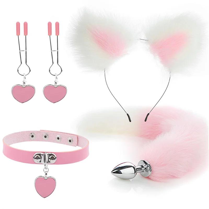 Anal Sex Toys Fox Tail Butt Plug Sexy Plush Cat Ear Headband With Bells Necklace Set Massage Sex Toys For Women Couples Cosplay