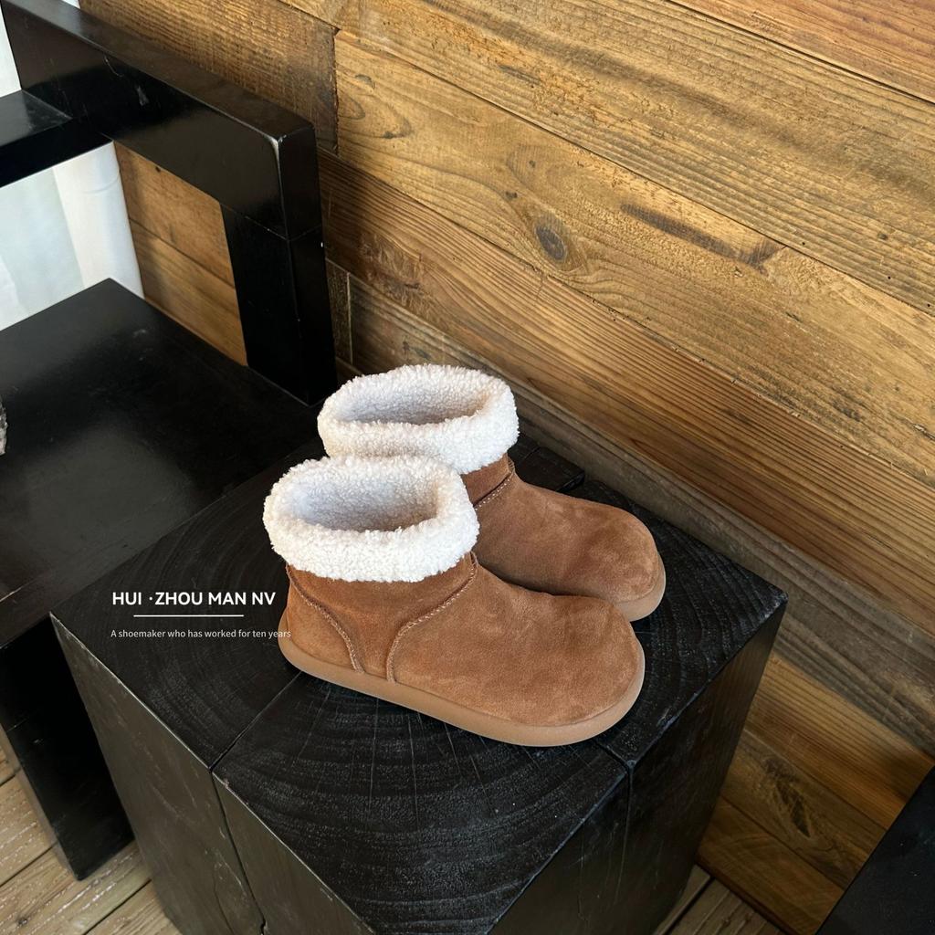Cowhide Version~ Retro Round Head Ugly Cute Short Boots Women's Velvet Low-top Snow Boots Warm Large Cotton Shoes Thick-soled Fluffy Boots