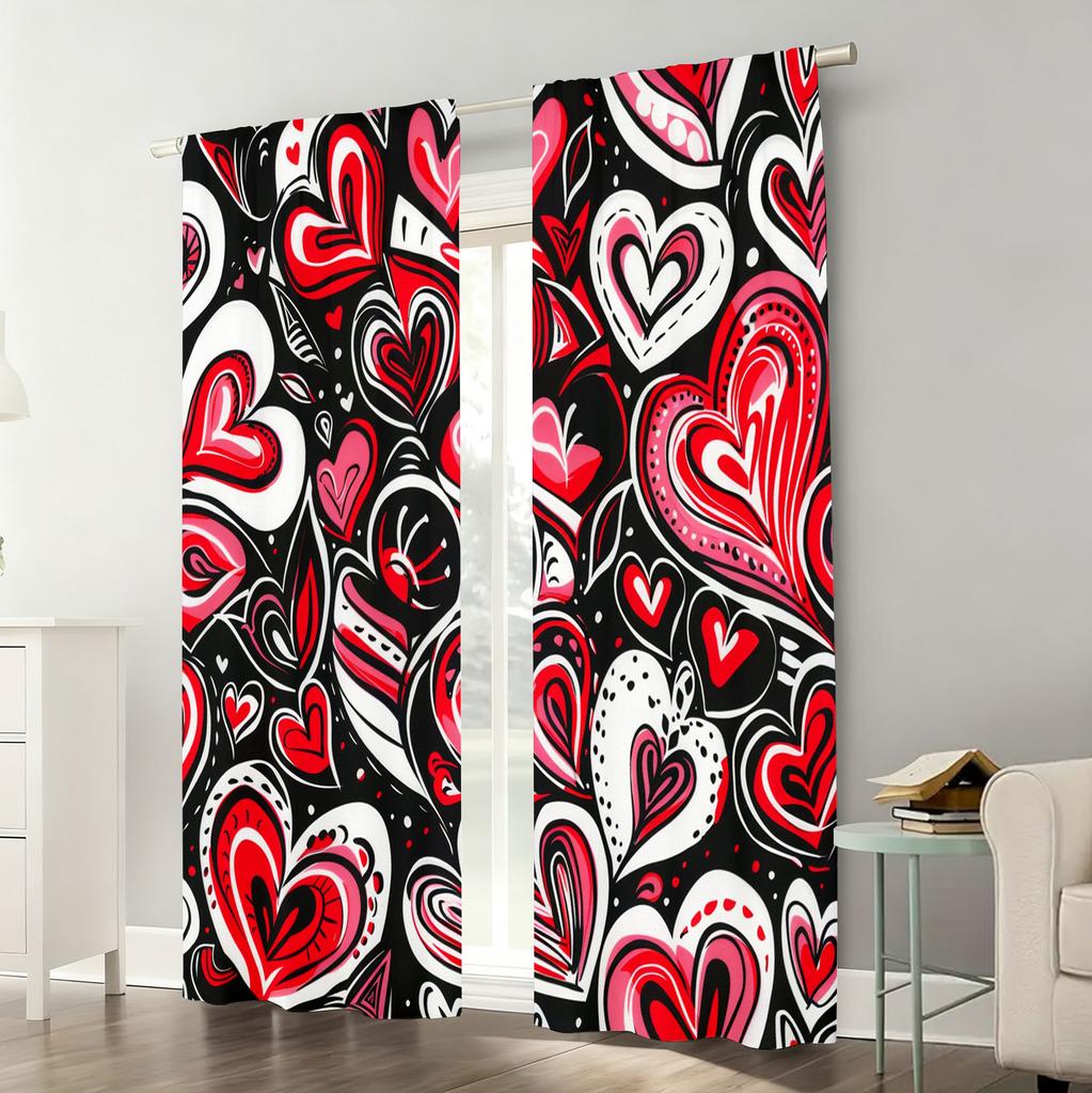 2 Stück Rote   schwarz-weiße Graffiti-Herzform-Vorhänge   lebendige Kunst   Schlafzimmer und Wohnzimmer   dekorative Stangentaschen