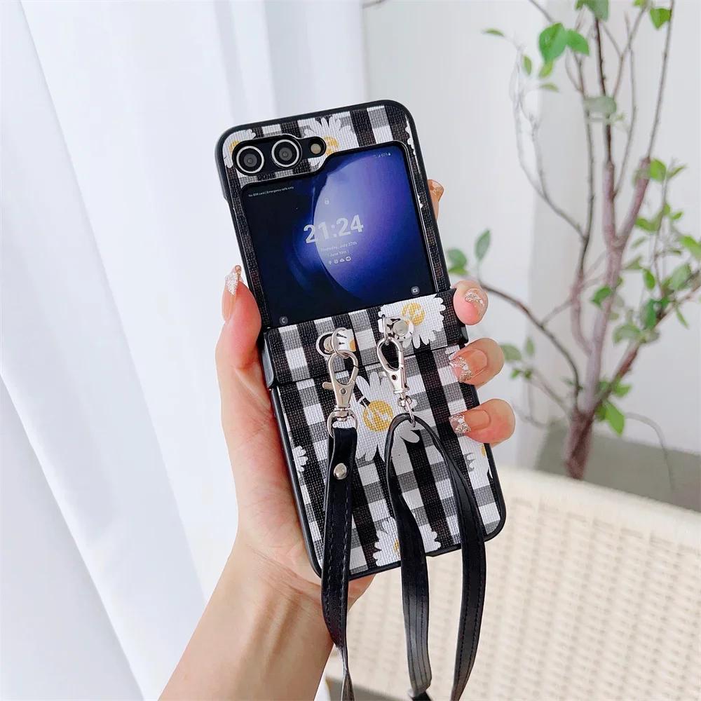 Crossbody Lanyard Lattice Leather Phone Case for Samsung Galaxy Z Flip 6 5 4 3 5G Hinge Protection Shockproof Hard Shell Cover