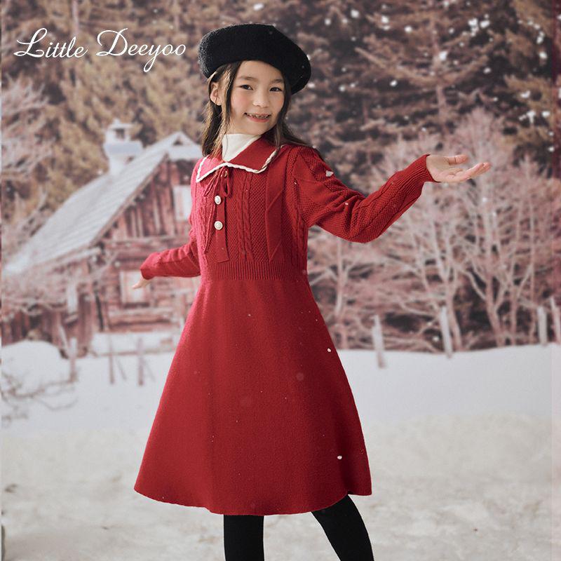 Sangluo Girls' Knit Woolen Dress - 2025 Autumn/Winter Red New Year Outfit