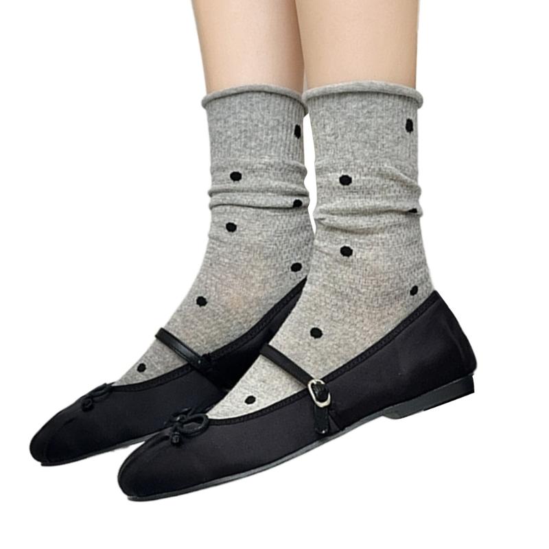 Womens Japanese Vintage Dots Pattern Cotton Middle Tube Calf Socks Hollow Out Breathable Mesh Thin Roll Cuffs Crew Socks