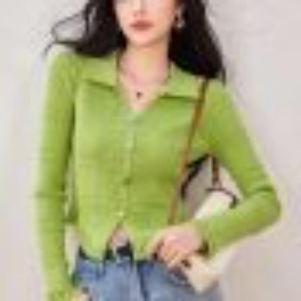 

Новый короткий пуловер для женского вязаного свитера, приталенная талия и облегающий топ с длинными рукавами, свитер-пальто с лацканами one size зелёный