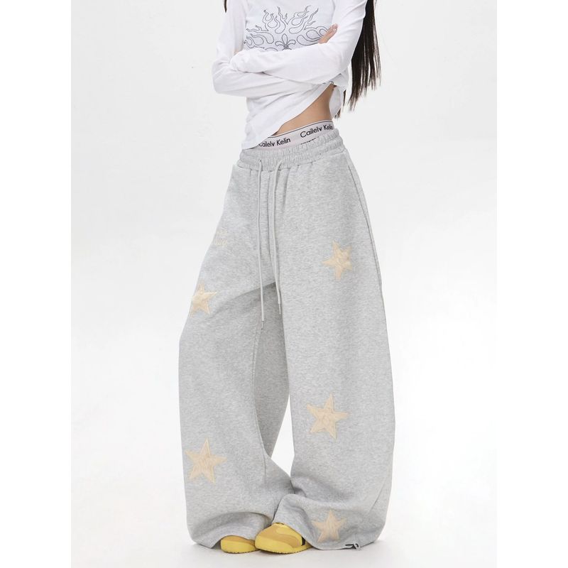 

Vintage Star Embroidery Patchwork Sports Street Dance Sweatpants for Women, Loose and Lazy Style, Slimming Wide-Leg Jazz Dance Pants C02 Casual Pants-Grey S