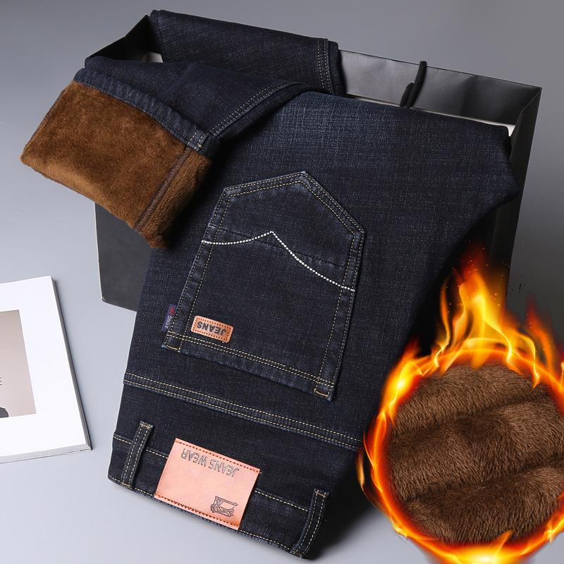Winter Black Fleece-Lined Thickened Denim Trousers for Men Slim-Fit Straight Leg Stretch Casual Warm Versatile Trendy Trousers