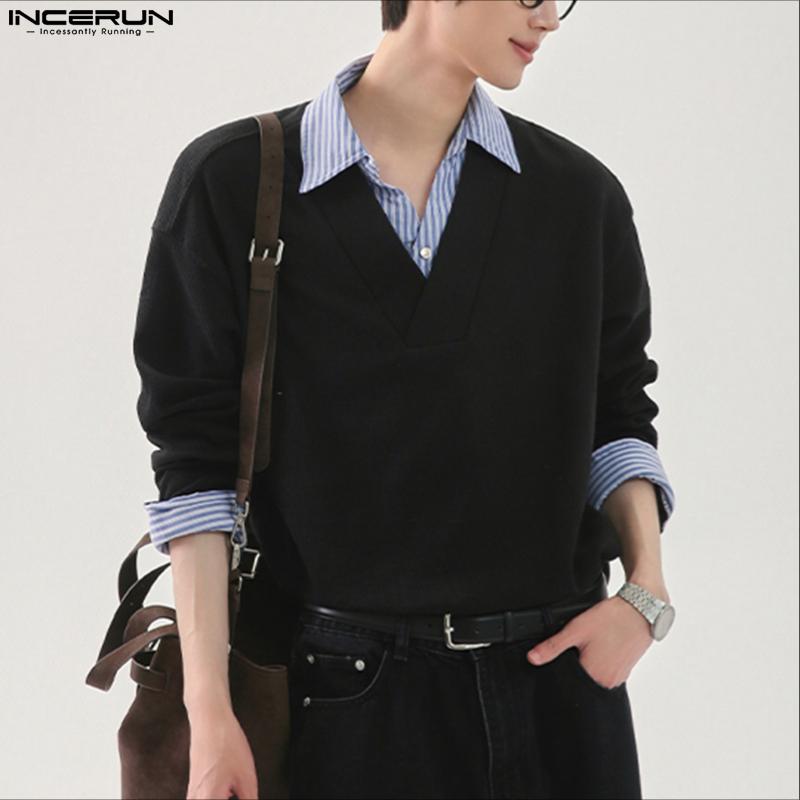 INCERUN Autumn Winter Men Patchwork Lapel Neck Long Sleeve Casual Texture Pullovers