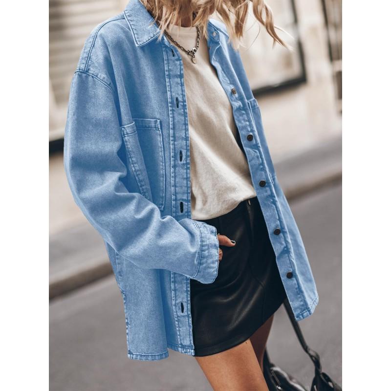 Womens Relaxed Fit Denim Shirt Jacket With Turn-Down Collar Large Pockets Blue Light 2025