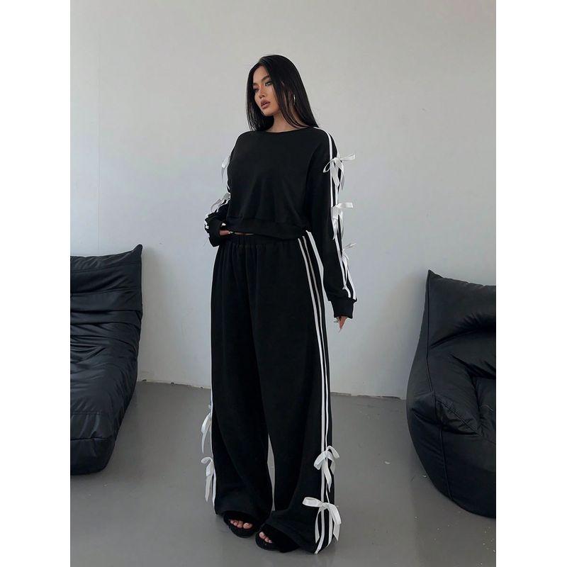 2025 Autumn New Independent Station Women clothes Bow Casual Long sleeve Top Loose Trousers Hoodie Two-Piece Suit