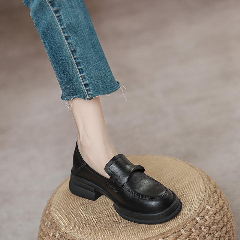 Small Gold Coins Thick-Soled Lazy Thick-Heeled Loafers Women'S Retro British Style One-Pedal Small Leather Shoes Single Shoes Women'S New