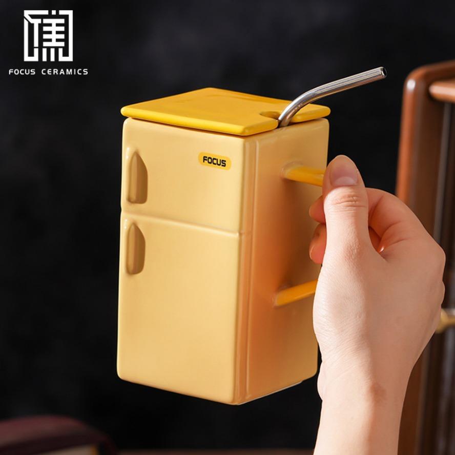 Creative Retro Refrigerator Ceramic Cup with Lid Straw Funny Office Couple Gift Coffee Mug