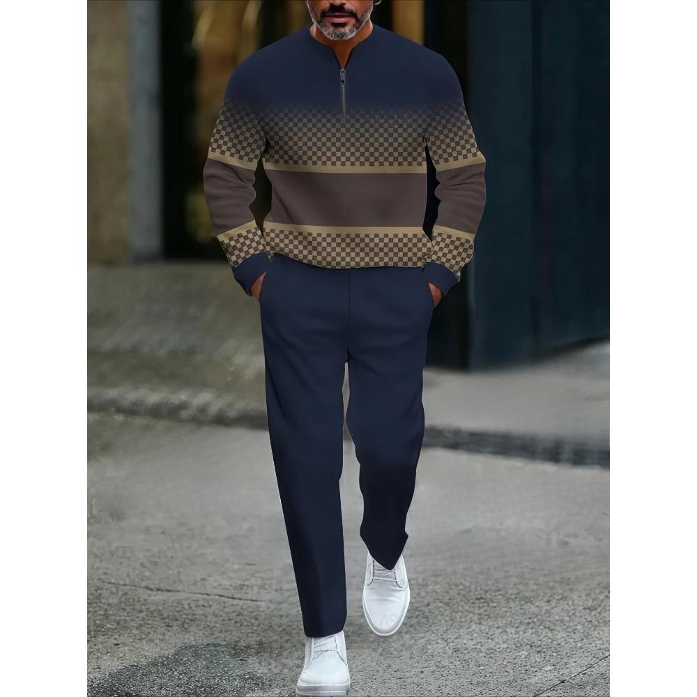 Spring Autumn Fashion Streetwear Men's Long-Sleeved Half-Zipper Stand-Up Collar Casual Sportswear Men's Clothing Two-Piece Set