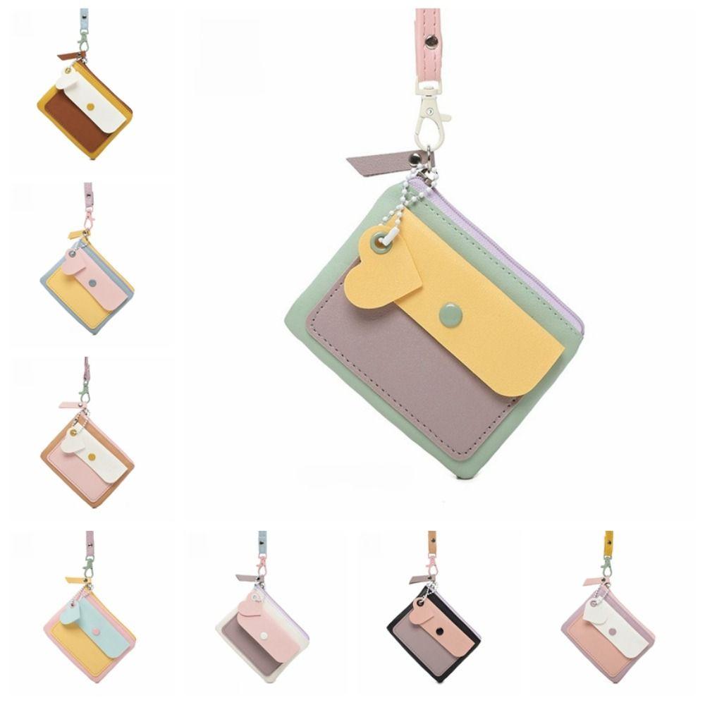 Simple Macaron Color Hanging Neck Wallet Lanyard PU Leather Zipper Coin Purse Card Bag Keychains Card Holder Women
