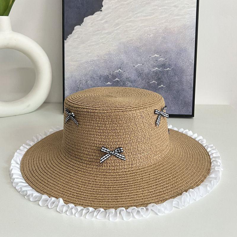 100.00kg Plus Size Women's Big Brim Grass Bows Hand-Woven Seaside Beach Hat Sun-Proof Face Cover Sun-Shade Straw Hat