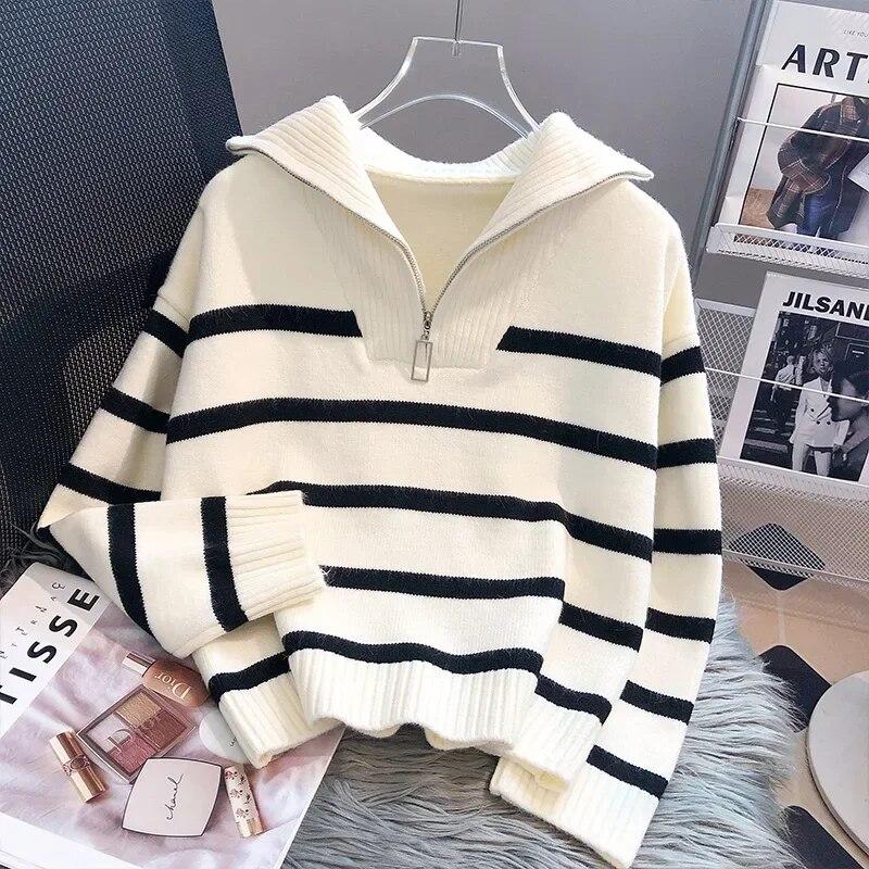 Sweter damski casual na zamek golf w paski Pull Femme Pogrubiony casualny Sweter 2026 Odzież damska Dzianinowy kardigan oversize