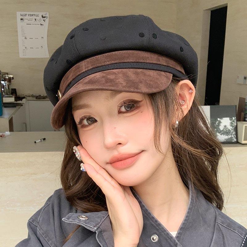Retro Hong Kong style simple polka dot octagonal hat children autumn and winter fashion versatile painter hat belt buckle color matching cap