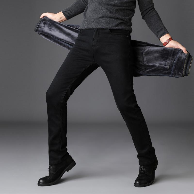 Autumn And Winter Plus Velvet Thick Warm Men'S Mid High Waist Straight Leg Jeans Men'S Pants Trendy Jeans