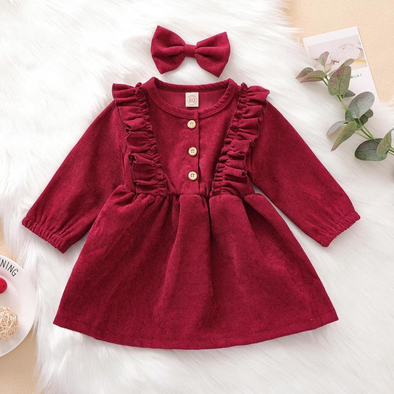 Baby Girl Dress, High-Waist Midi, Long Sleeve Round Collar Ruffle Buttons Princess Pleated Fall Skirt Headband