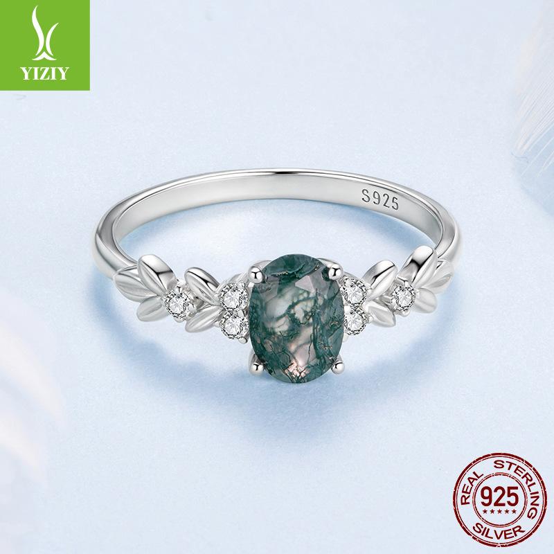 S925 Sterling Silver Seagrass Agate Ring Ladies, Vintage Elegant Court Ring Jewelry