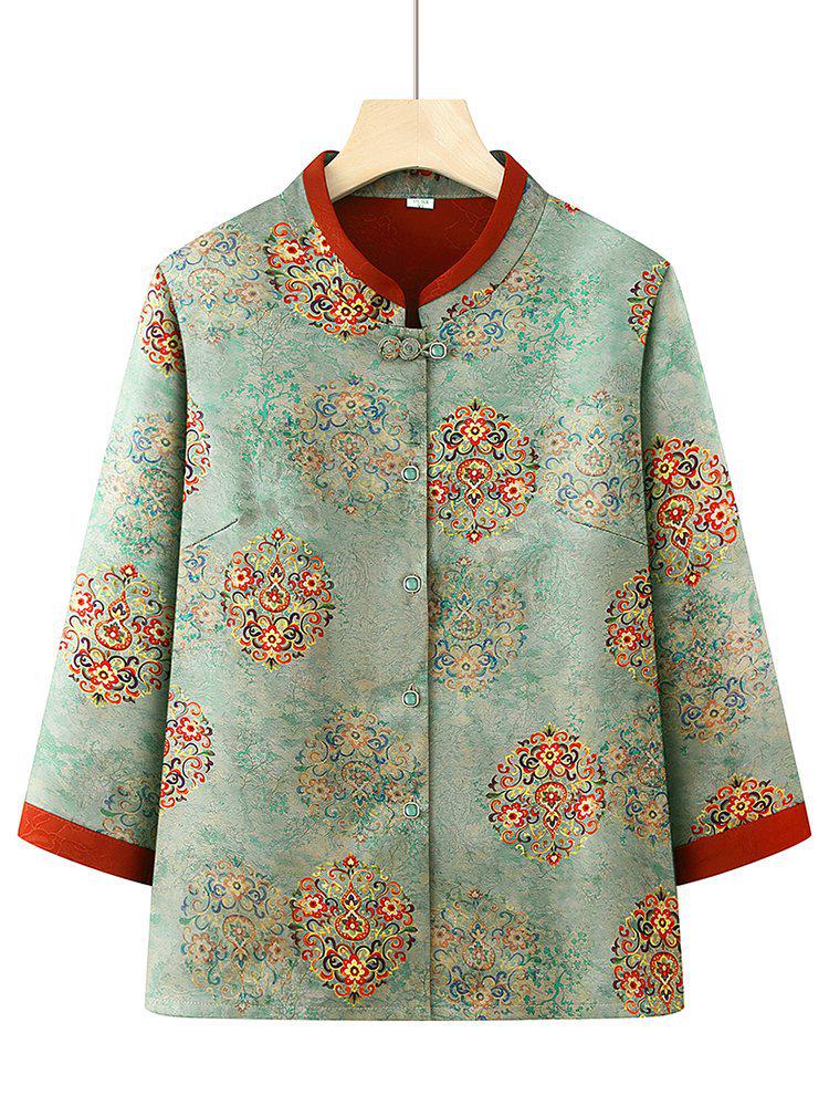 

Stylish Chinese Style Stand Collar Printed Shirt for Men and Women 2XL (suggested 105-120 jin) зелений
