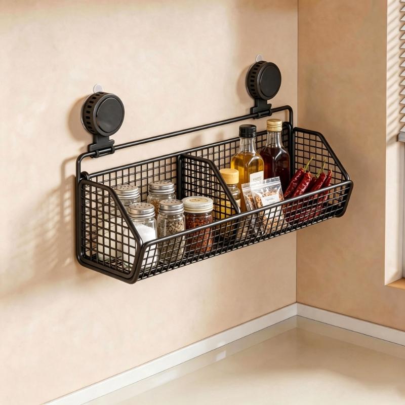 Suction Cup Wall Storage Basket with Iron Wire Frame for Kitchen Bathroom Countertop and Sink Side Storage Use