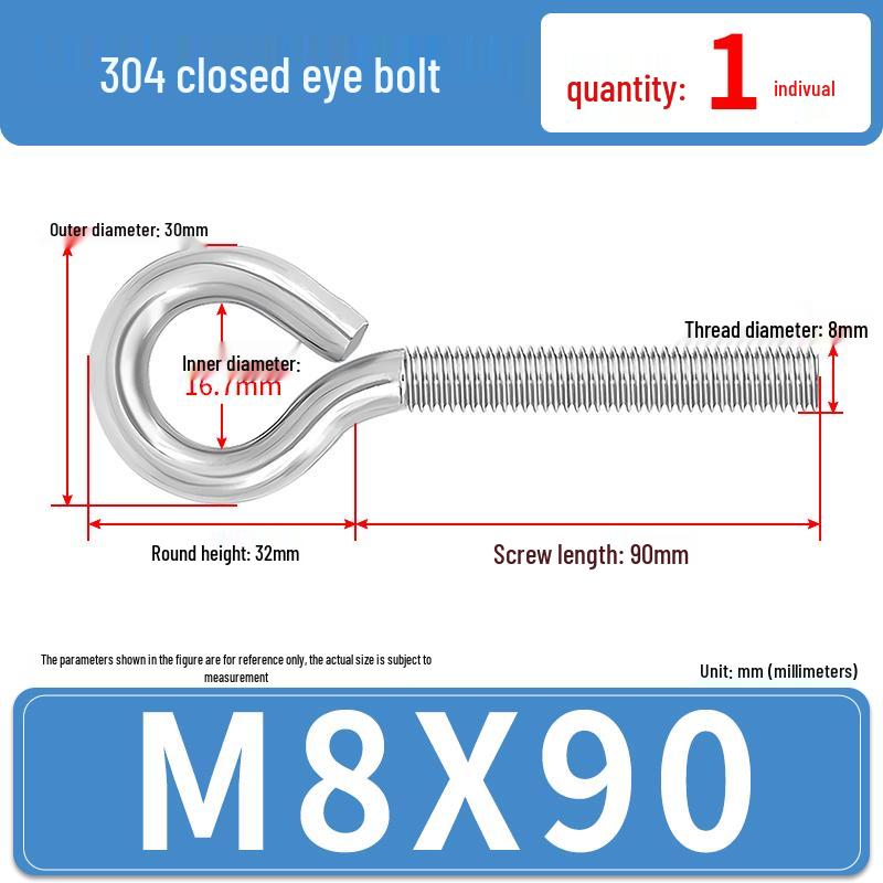304 Stainless Steel Eyebolt with Ring Hook – Machine Thread Closed Eye Bolt (M4 M5 M6 M8)