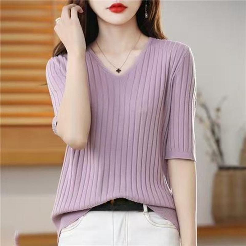 Women's Sweater Spring Summer Short Sleeve V-neck Knit Shirt Casual Korean Pullovers Stripe Bottoming Shirt Slim Fit Jumpers