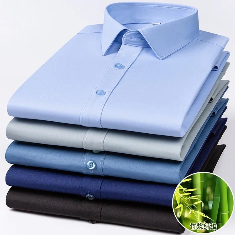 8XL Bamboo Fiber Blue Work White Shirt for Man Long Sleeve Office Business Anti-wrinkle Non-iron Men Shirts Long Sleeve Casual