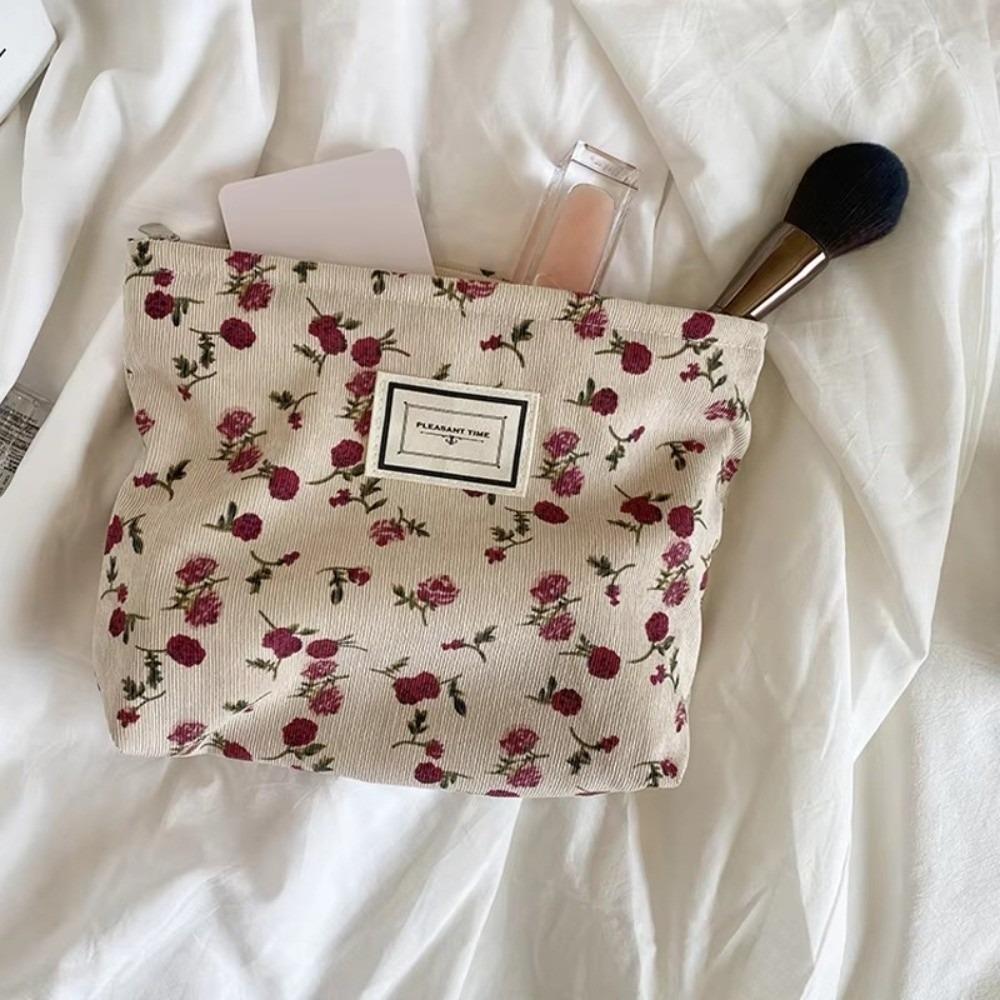 Retro Corduroy Kosmetiktasche Blume Große Kapazität Kulturtasche Handgehalten Make-up Tasche Beauty Aufbewahrung