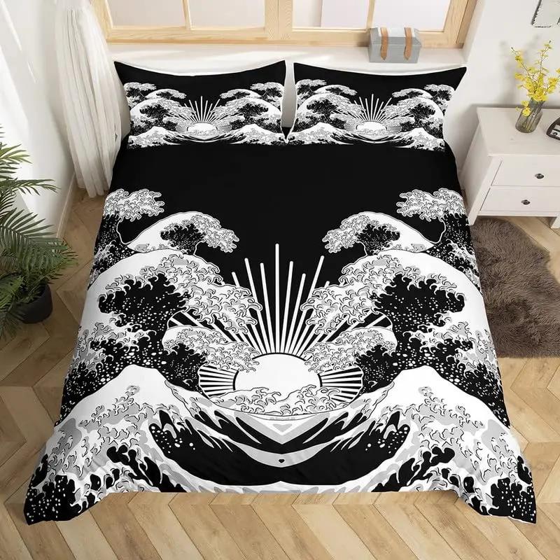Ocean Wave King Queen Duvet Cover Red Sun Bedding Set Japanese Ukiyo-E Comforter Cover Exotic Navy Blue Polyester Quilt Cover