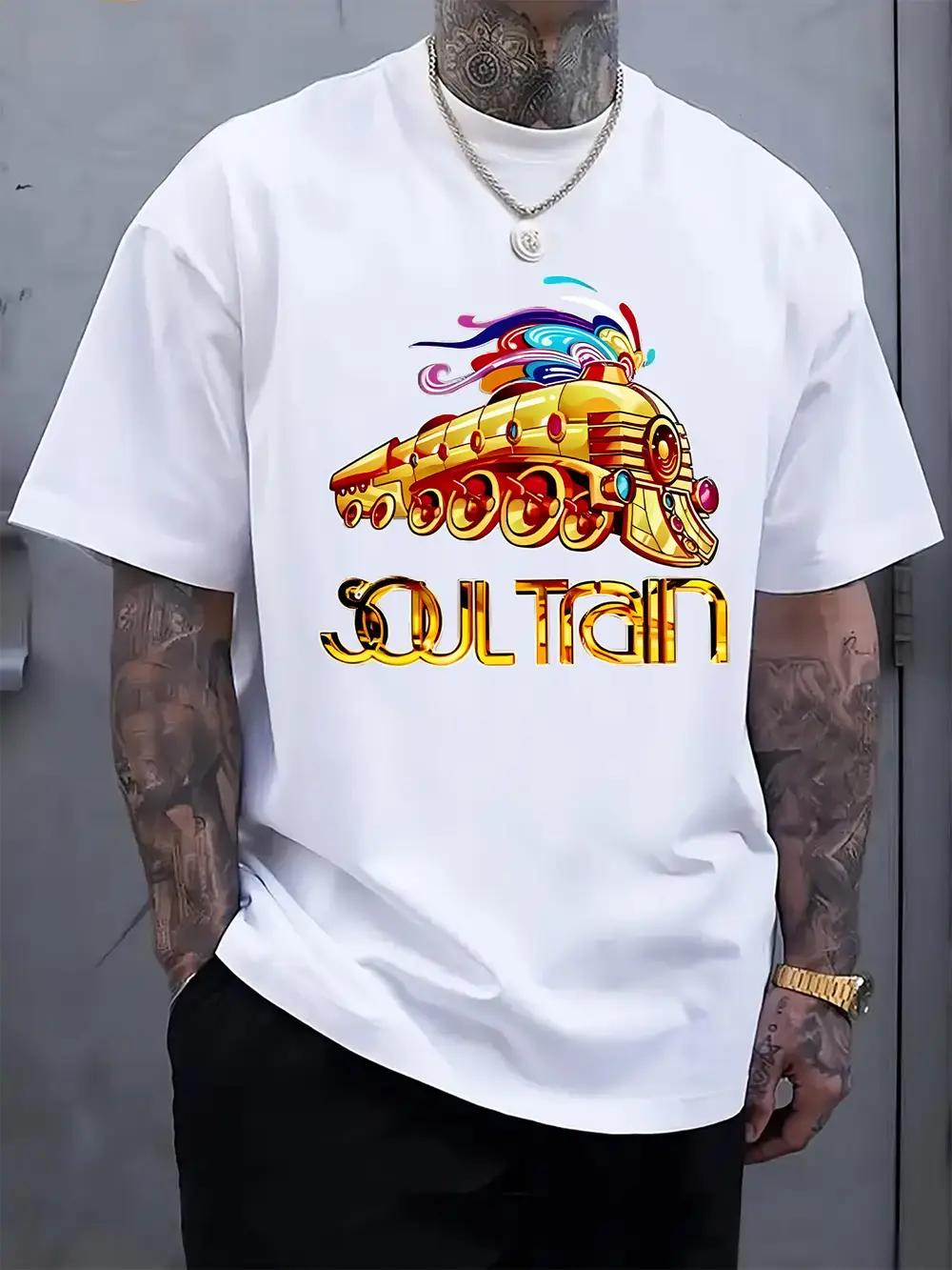 

Soul Train Graphic T-shirt - Vibrant Yellow Short Sleeve Crewneck with Colorful Train Design XXXL