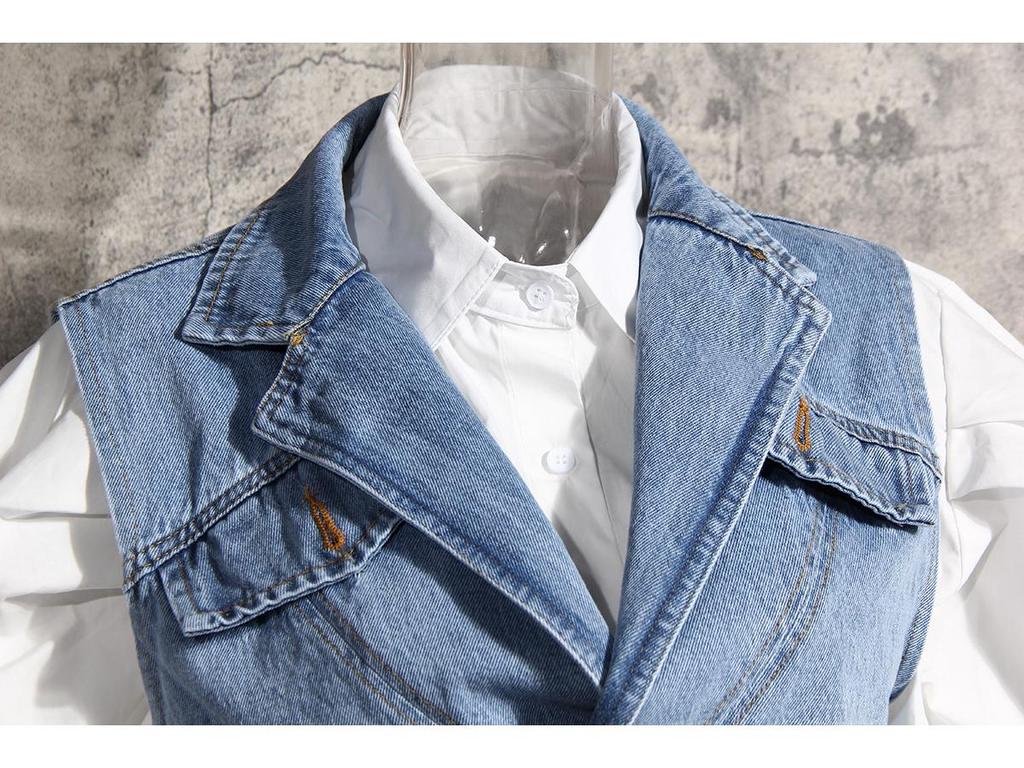 2024 Women's Two-Piece Fashion Set: Irregular Denim Vest with Puff Sleeve Shirt