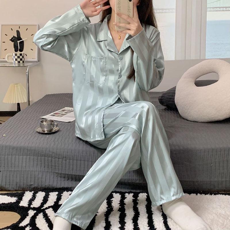 Women Pajamas Set Long Sleeves Girl Home Wear Two-Piece Set Simple Striped Cardigan Sexy Nightwear Autumn and Winter