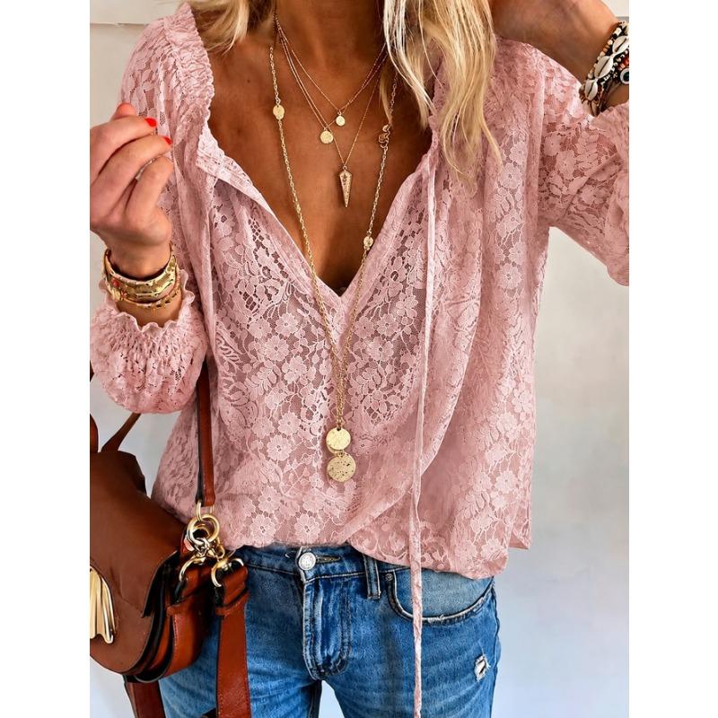 Loose Fit V Neck Long Sleeve Lace Solid Color Pullover Shirt