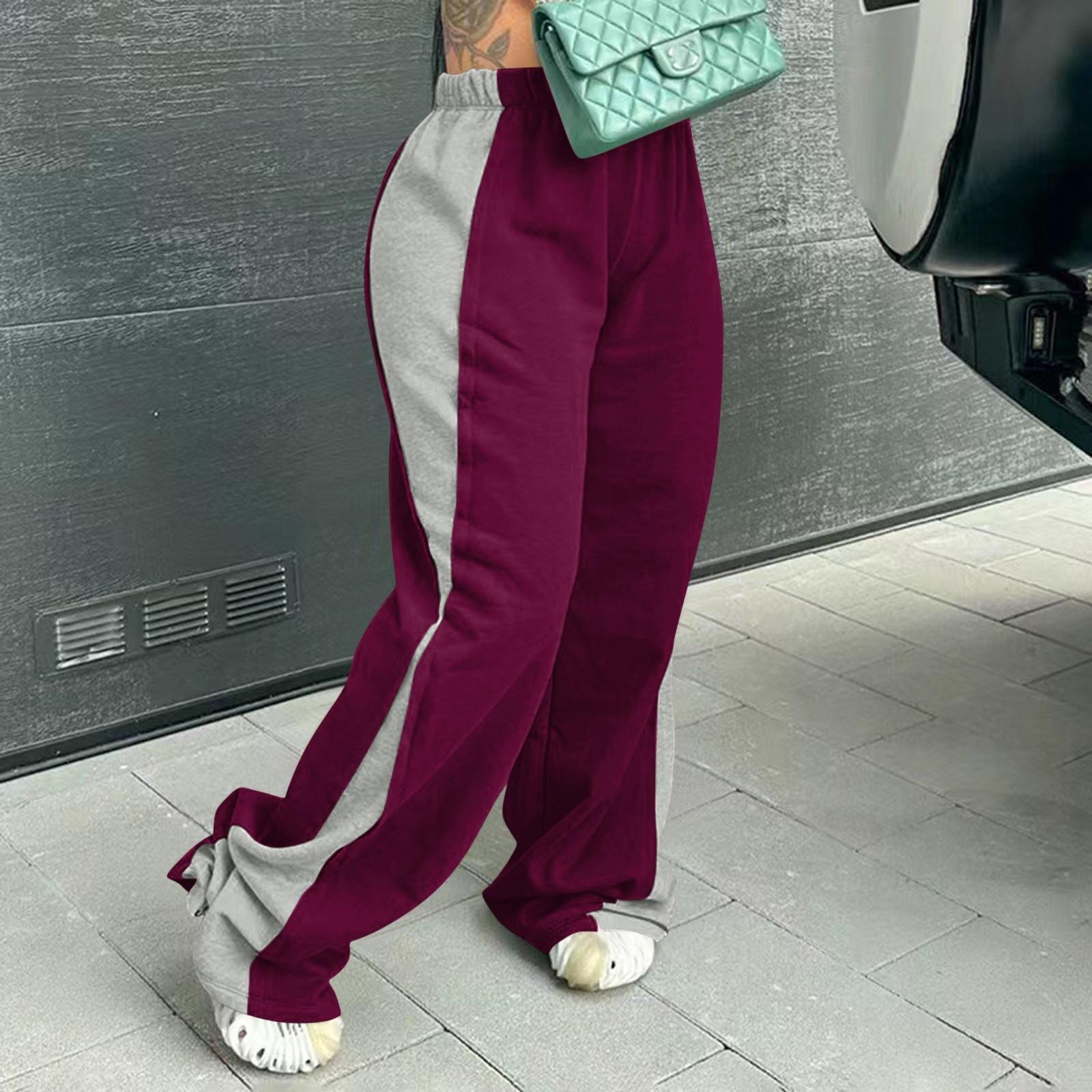 

Women s Fashionable Color Blocked Elastic Waistband Versatile Straight Leg Casual Sweatpants Pants XL винный