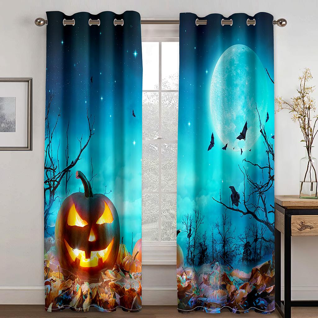 

Тыква на Хэллоуин 3D цифровая печать занавеска Гостиная Спальня праздничное украшение 90г полиэстеровая шторная ткань две панели W50xH130(CM)x2pcs&Grommet Top