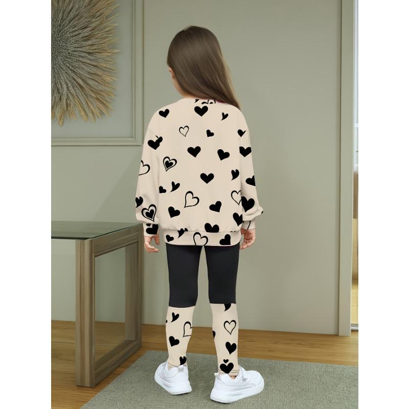 Girls' Summer New Arrival Fashion Heart Print Round Neck Long Sleeve T-Shirt + Casual Patchwork Pants Set with Cute Cat Pattern Two-Piece Outfit