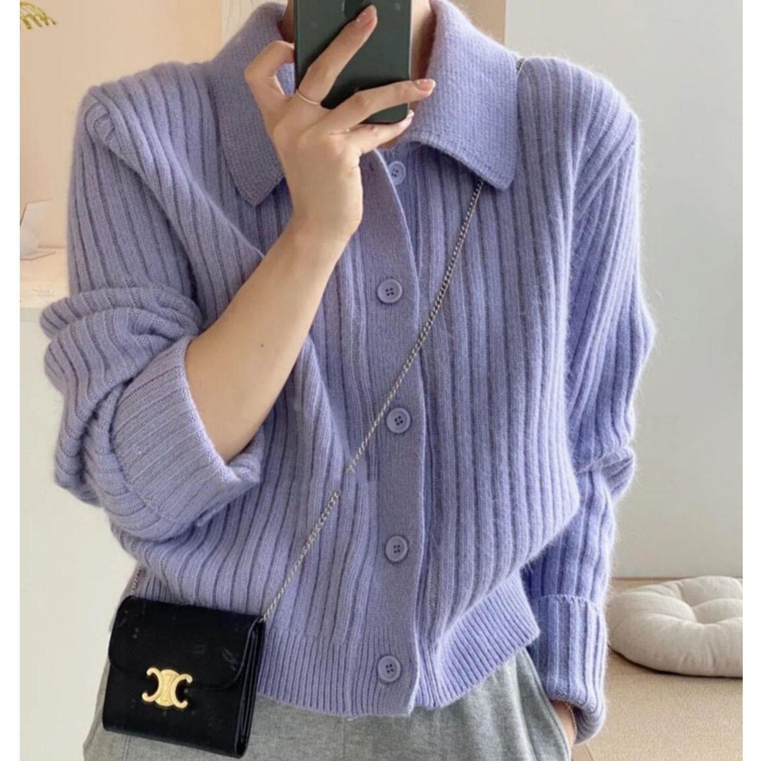 

Temperament pink lapel sweater cardigan women s autumn design sense niche gentle lazy knitted jacket polo top average size лаванды фиолетового