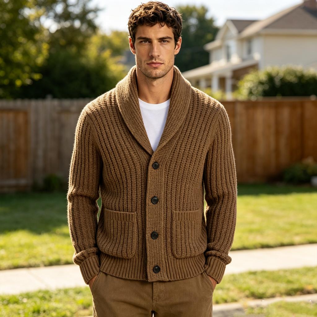 Cardigan a coste da uomo con scialle, monopetto, maglione spesso a maniche lunghe