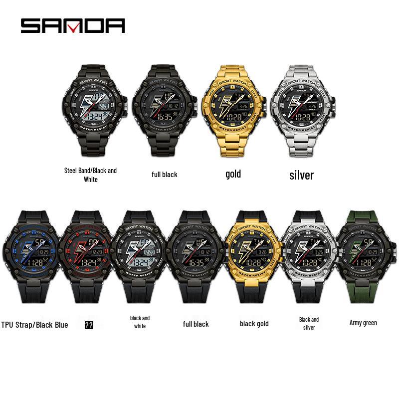 Sanda Men's Multifunctional Shockproof Waterproof Sport Watch with Alarm Clock and Black Technology.