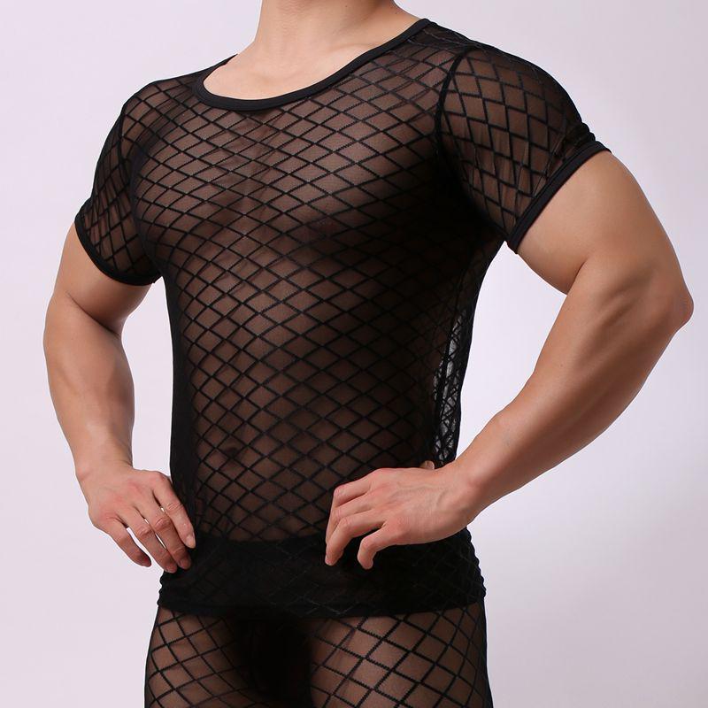 Men's Short Sleeve See-Through Mesh Slim Fit Diamond Net Top B-01