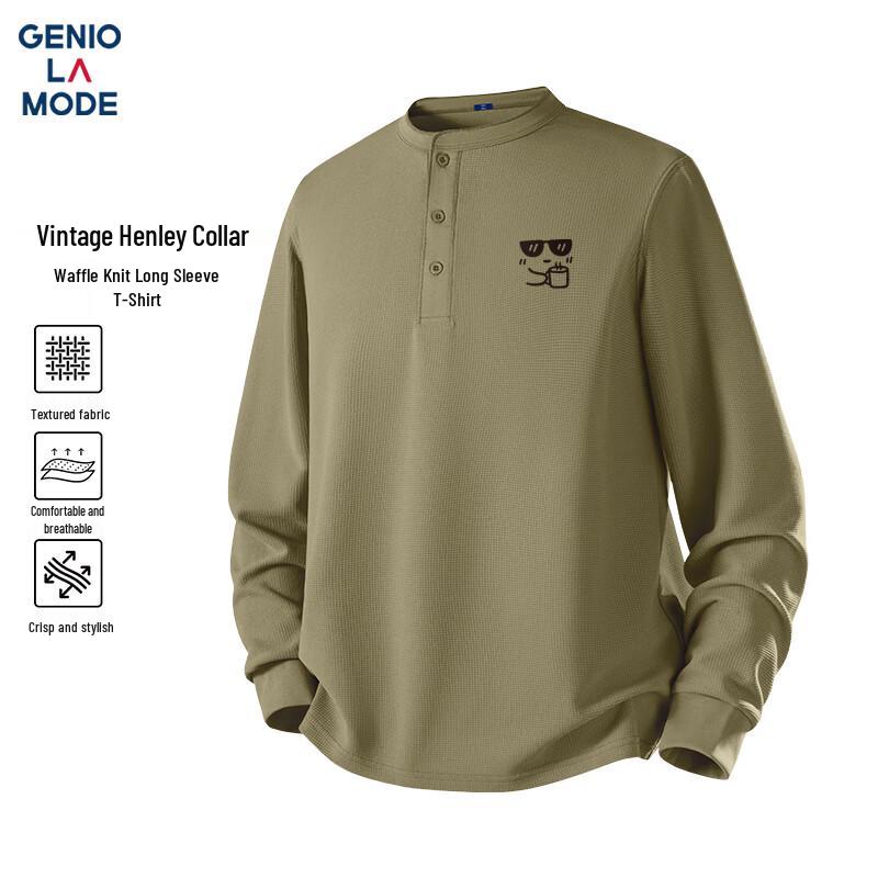 GENIOLAMODE Men s Waffle Knit Henley Long-Sleeve T-Shirt XL