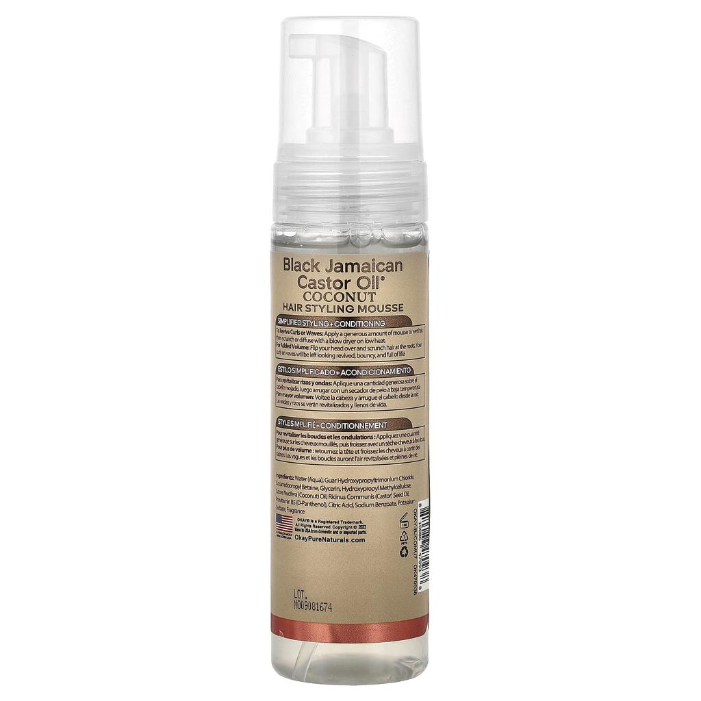 Okay Pure Naturals, Black Jamaican Castor Oil®, Hair Styling Mousse, Flexible Hold, For Dry, Damaged Curls, Coconut, 7.5 Oz (221 Ml)