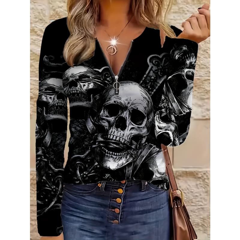 Women's creative printed zipper long-sleeved T-shirt, breathable, soft and comfortable, suitable for all-year-round casual wear